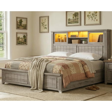 Full Farmhouse Wooden Platform Bed Frame Grey, 3-Tier Storage Headboard with Sliding Acrylic Door, 4 Underbed Drawers, RGB LED Lights & USB Type-C Charging Station, No Box Spring Needed