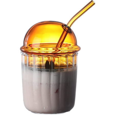 

dosili 2Pcs Glass Cups with Lids and Straws 15oz/450ml Iced Coffee Glasses Wide Mouth Smoothie Boba Cup Cute Tumbler Cup Cocktail Glasses for Whiskey Soda Tea Water Gift