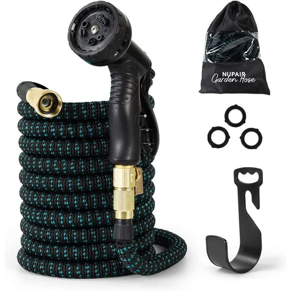 Nupair 100ft Expandable garden hose, Lightweight hose with multiple function Nozzle spray for watering ,3/4 durable solid brass fittings Kink Free best for all purpose outdoor Gardening and washing.