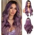 thumbnail image 2 of Yanonmyfd 24 Inches Long Wavy Purple Wig for Women Natural Synthetic Hair Heat Resistant Ombre Wigs with Dark Roots for Daily Party Cosplay Wear, 2 of 29