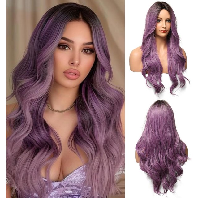 Yanonmyfd 24 Inches Long Wavy Purple Wig for Women Natural Synthetic Hair Heat Resistant Ombre Wigs with Dark Roots for Daily Party Cosplay Wear