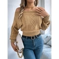 thumbnail image 5 of Womens Off the Shoulder Sweater Solid Cable Knitted Pullover Jumper Top Casual Long Sleeve Cropped Sweaters Khaki S, 5 of 9