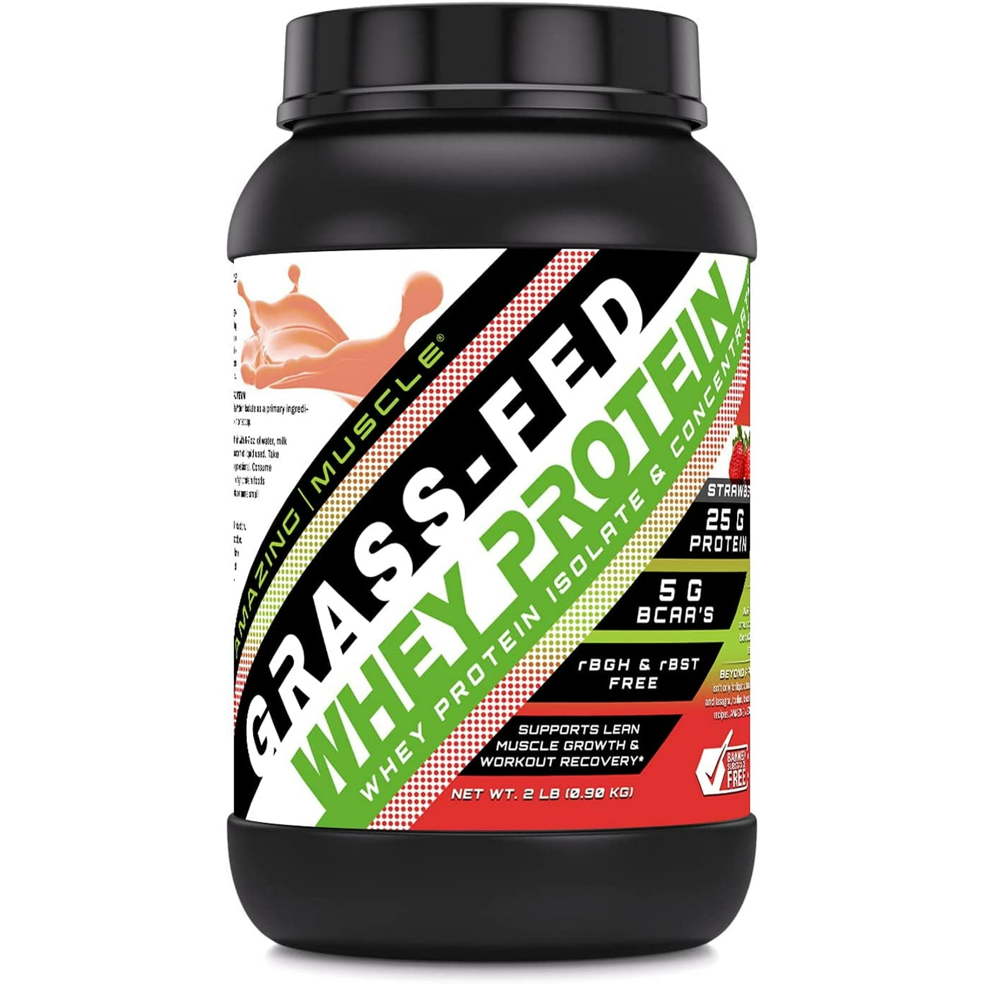 Amazing Muscle Grass Fed Whey Protein (Isolate & Concentrate)- 2Lbs Supplement | Strawberry Flavor | Non-GMO | Gluten Free | Made in USA