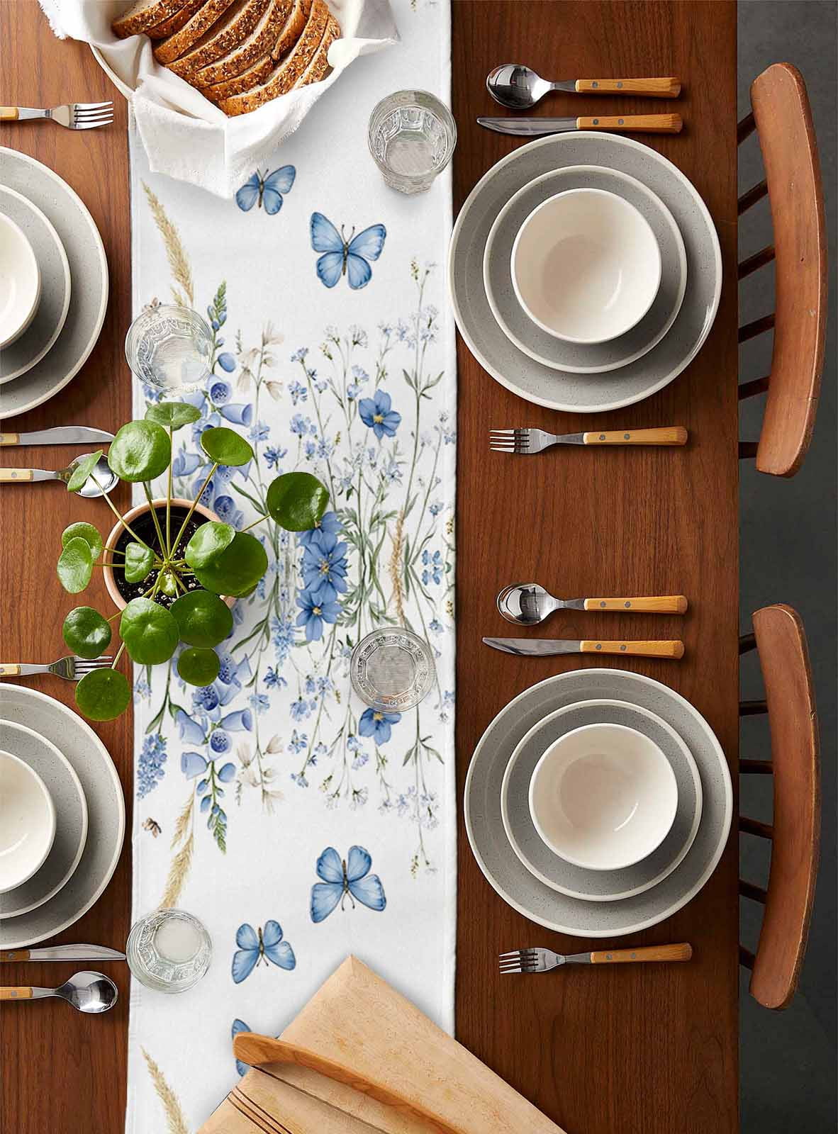 Ldtrchee Blue Spring Floral Table Runner 72 Inches, Butterfly Summer Botanical Elegant Bed Runner Dresser Scarves Tabletop for Indoor Outdoor Parties/Ceremony/Banquet, 18" x 72"