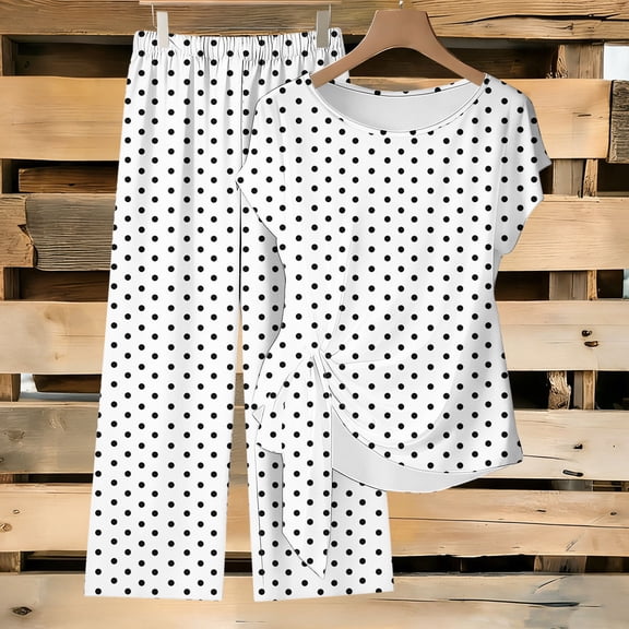 Maqroz Cute Casual Outfits for Women Print Tie Waist Short Sleeve Crew Neck Top and Long Pants Set Loose Summer Vacation 2026 White XXL