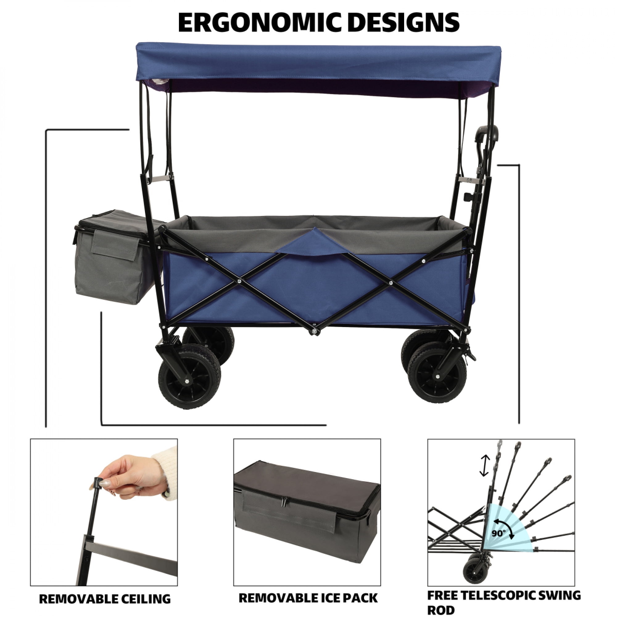 480Lbs Collapsible Wagon with Canopy, Wagon Stroller with 7" All-Terrain Wheels, Lightweight Foldable Large Capacity Wagon with Mosquito Net,Camping, Shopping, Sports & Garden Use,Dark Blue