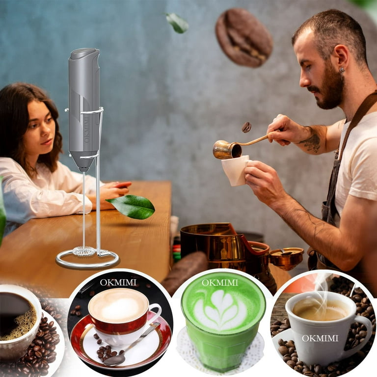 Powerful Handheld Milk Frother, Mini Milk Foamer, Battery Operated Stainless Steel Drink Mixer with Frother Stand