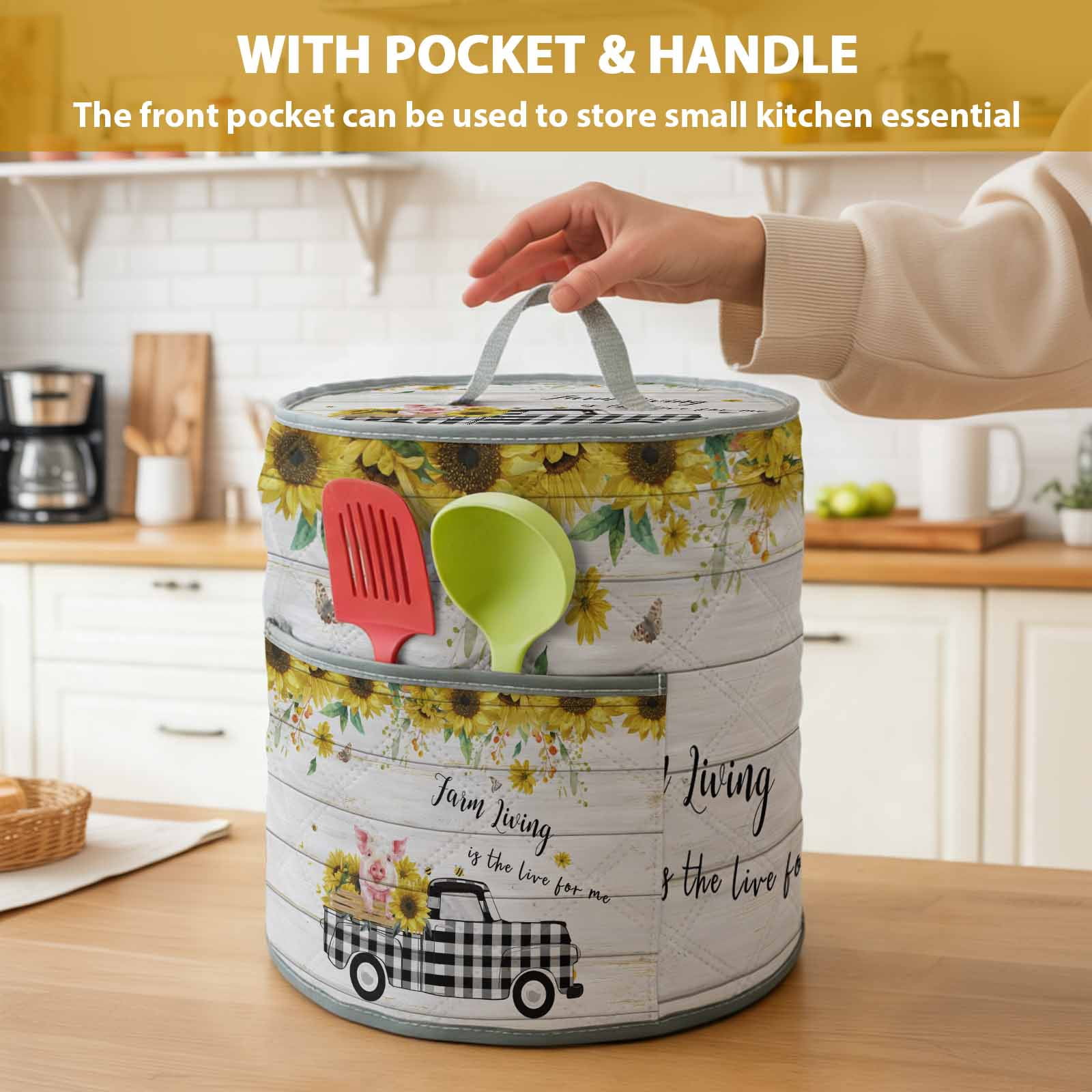 Pig Truck Sunflower Rice Cooker Cover 6 Quart Vintage Farm Loads of Sunshine Board Pressure Cooker Cover Appliance Protector Dust Case with Pocket and Handle for Kitchen