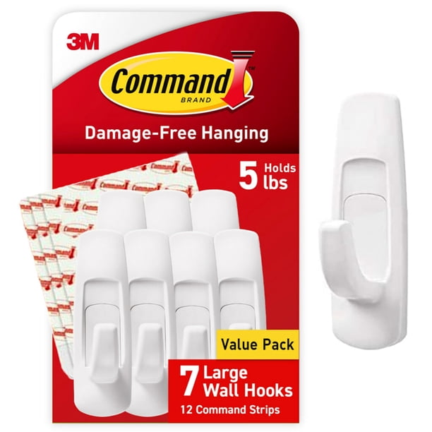 Command Ganchos utilitarios grandes Ganchos de pared para colgar sin daños con tiras adhesivas Sin herramientas Ganchos de pared para colgar decoraciones en espacios habitables 7 ganchos blancos y 12