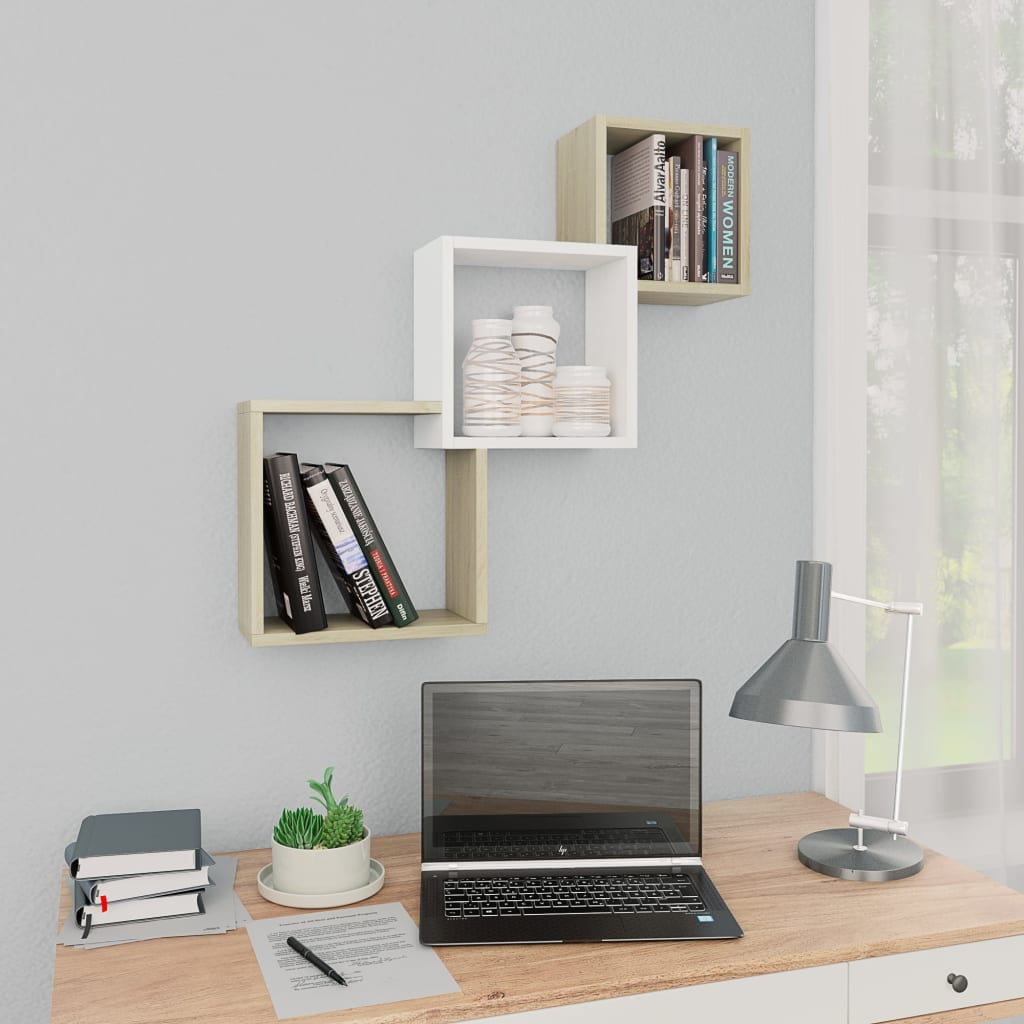 Kepooman Mdern Wall Mounted 3 Grids Cube Shelves for Bedroom Living Room Office, White & Wood Color Kepooman Mdern Wall Mounted 3 Grids Cube Shelves for Bedroom Living Room Office, White & Wood Color