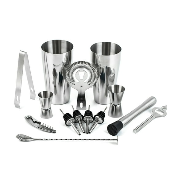 14pcsset Mixology Bartender Kit Shaker Ensemble avec Boston Shaker / Jigger / Verseurs / Concasseur à Glace / Pince à Glace / Cuillère à Mélanger / Crépine / Ouvre-Bouteille / Outil de Barre à Vis en Liège pour Mélange à Boire