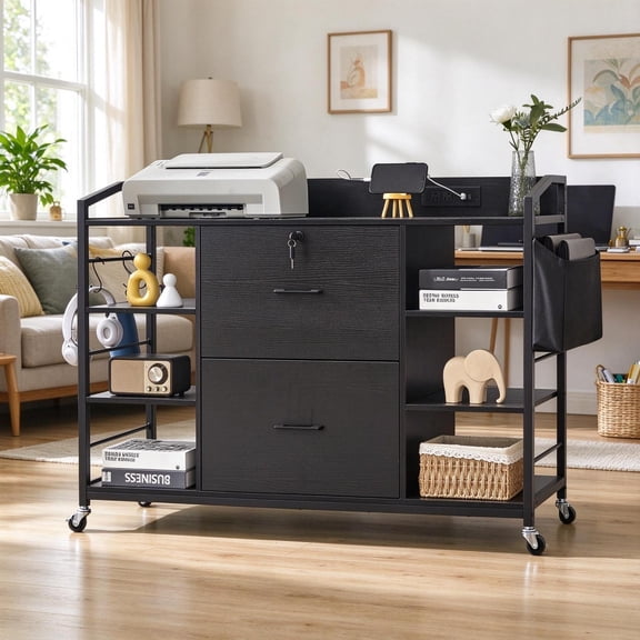 Haooyeah Modern Mobile File Cabinet with Charging Station, 2 Lockable Drawers, 3 Shelf Storage, Rolling, Fits A4/Letter/Legal Files, Black