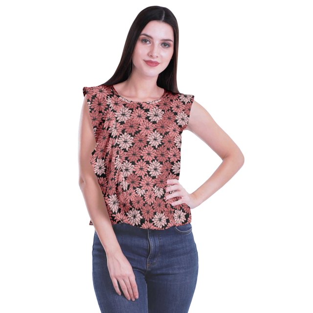 Moomaya Hauts Sans Manches en Jersey de Coton à Volants pour Femmes Blouse d'Été Imprimée pour Femmes