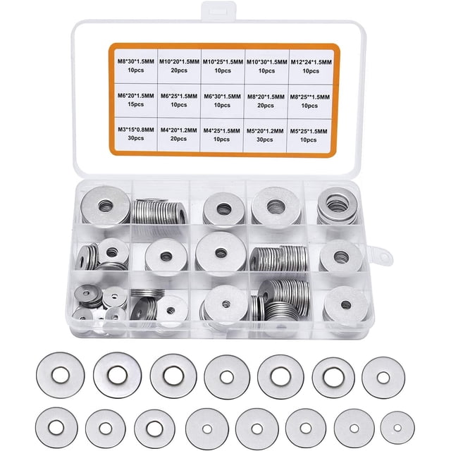 VIGRUE 225 arandelas planas en surtido de acero inoxidable 304, arandela plana M3 M4 M5 M6 M8 M10 M12 para tornillos de sellado, anillos de sellado, viene con caja (gris)