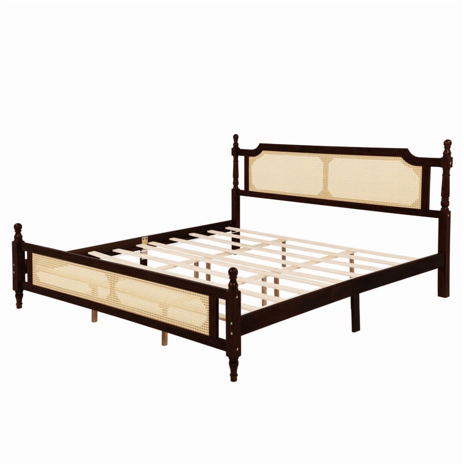 Luckynote King Size Solid Wood Bed Frame, Rustic Design with Rattan Headboard and Footboard, Espresso