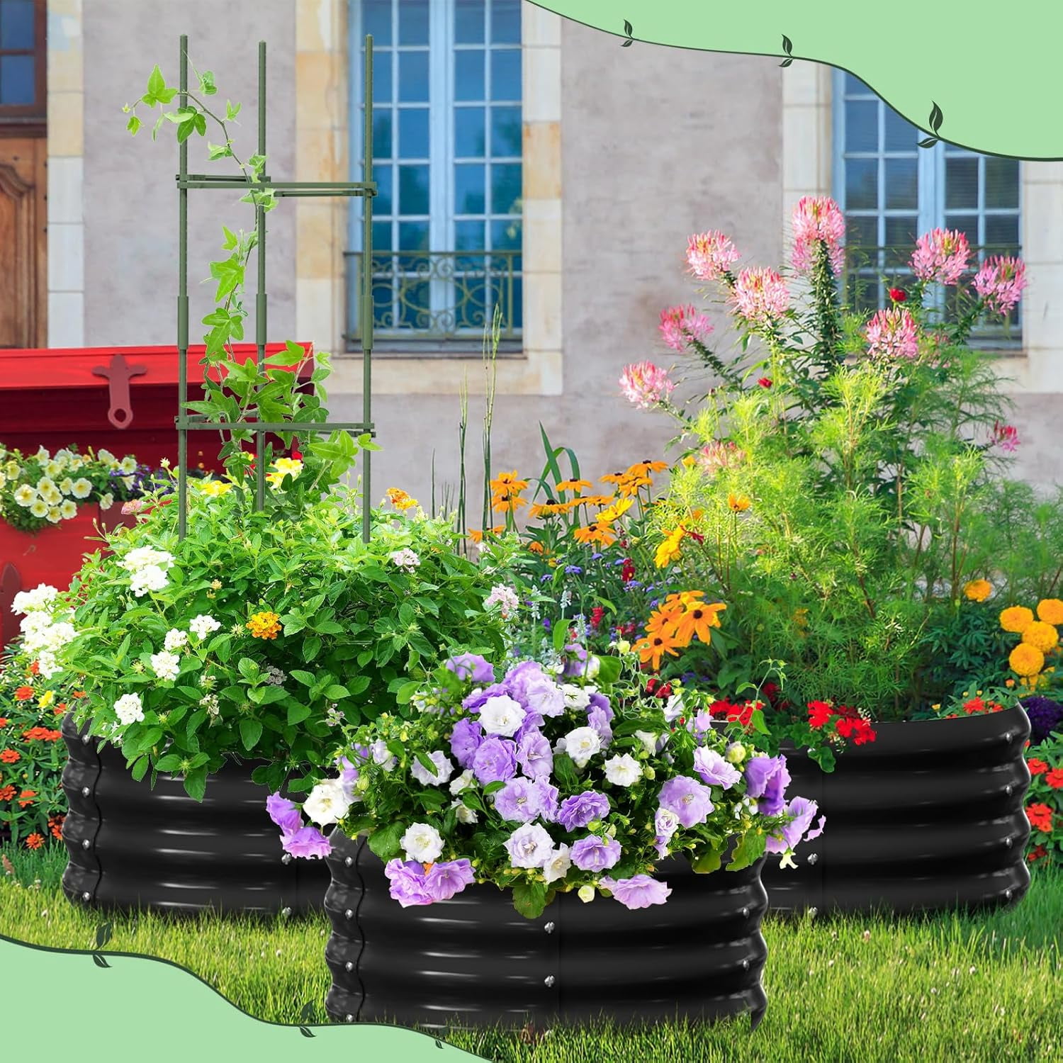 3 Pcs 24x24x12in Round Galvanized Raised Garden Bed Kit with 47"H Tomato Cages, Outdoor Metal Planter Box Raised Garden Beds for Gardening Vegetables Flowers, Black