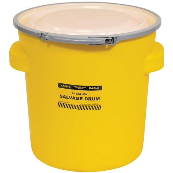 Eagle 20 Gallon Plastic Drum with Lid, Metal Lever-Lock, 20.4"x20.9", Salvage Drum Made of Durable, Lightweight HDPE, Withstands Weather and Chemicals, Made in USA, Yellow, 1654
