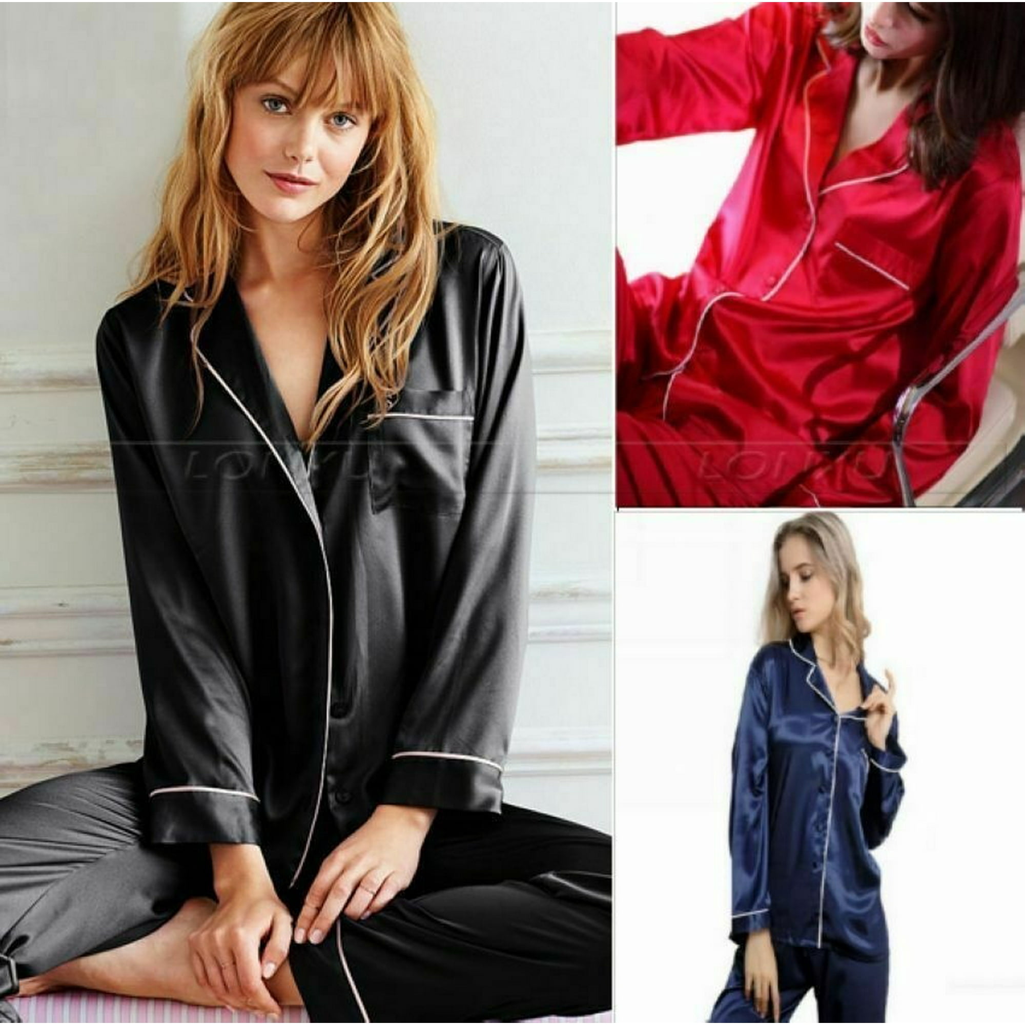 Honganda Women Lady Silk Satin Pajamas Set Pyjama Sleepwear Nightwear Loungewear Homewear Black