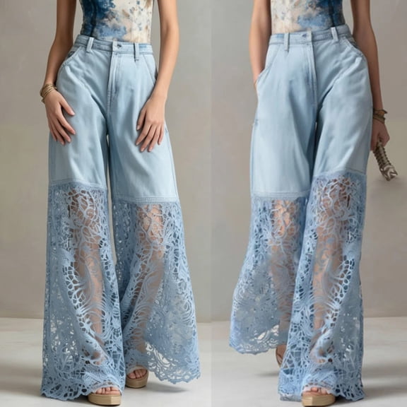 Zulora Women's High Waisted Wide Leg Denim Jeans Lace Splice Casual Pants with Pockets Zipper