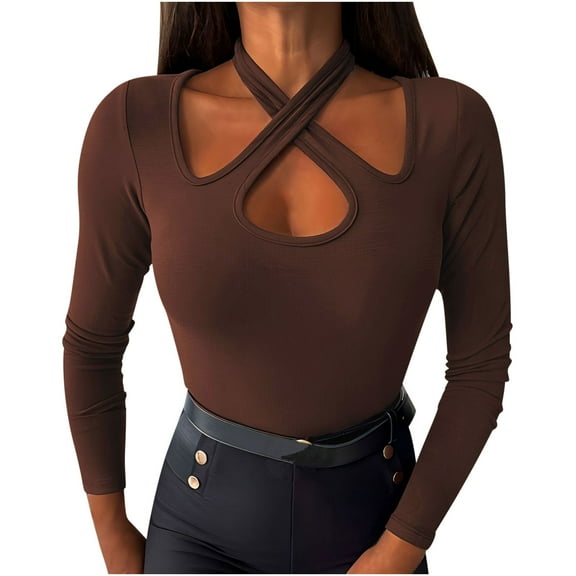 AherBiu Womens Ribbed Shirts Long Sleeve Tops Crossover Halter Cutout Slim Basic Layer Blouse