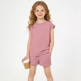 thumbnail image 3 of Girls 2 Piece Outfits Set Solid Color Round Neck Short Sleeve Top and Drawstring Shorts Set Summer Casual Loungewear Comfortable Clothing Sets with Pockets, 3 of 9