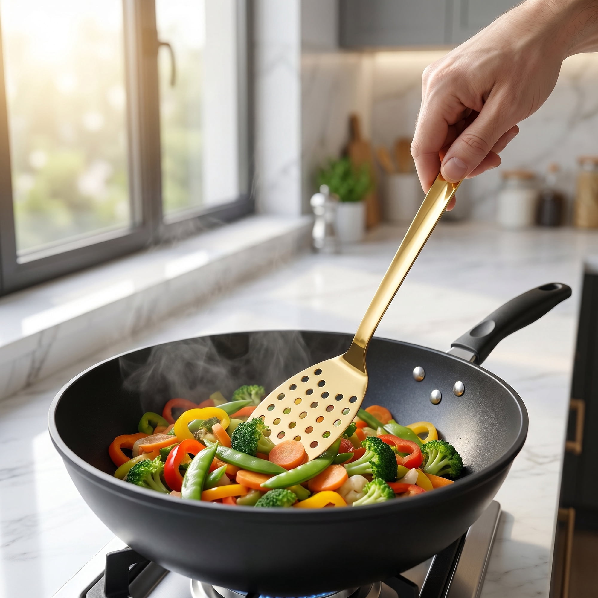 Unique Bargains Kitchen Heat-Resistant Cooking Tool with Long Handle Gold 13x3.1 in