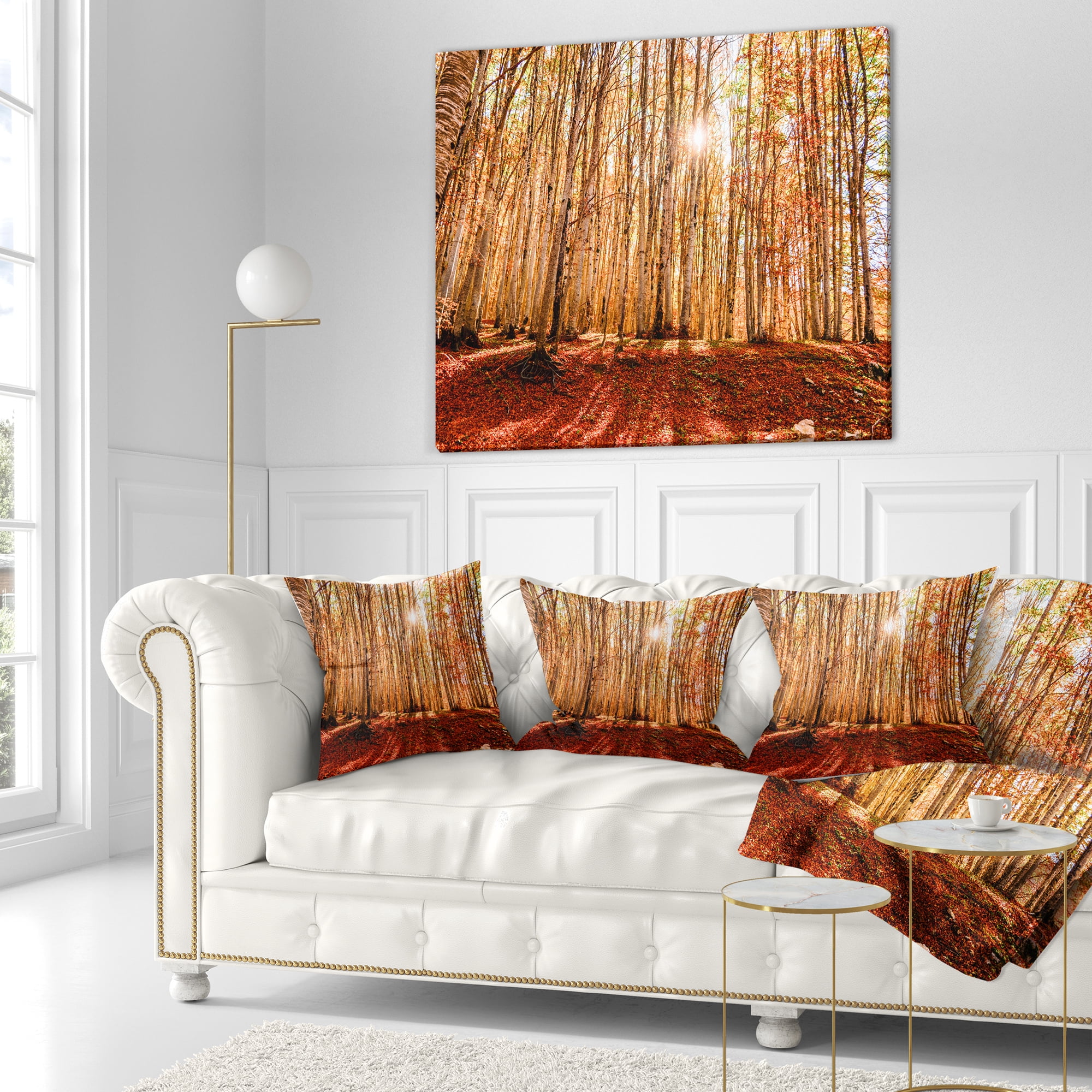 Designart Bright Sun over Thick Fall Forest - Modern Forest Throw Pillow - 16x16