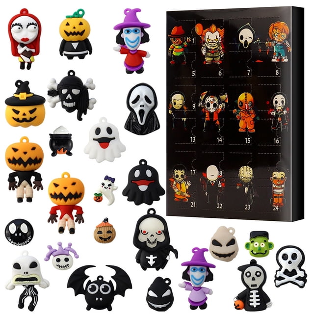 Calendario de adviento de muñecas de Halloween que contiene 24 regalos, calendario de adviento de figuras de terror de Halloween, calendario de cuenta regresiva de Halloween con juguetes sorpresa