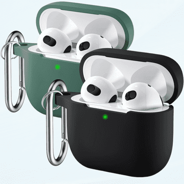 for AirPods 3rd Generation Case 2021 - Silicone Protective Case Cover Compatible with Apple AirPods 3 Case, Front LED Visible, With 2 Carabiner - Black/PineGreen