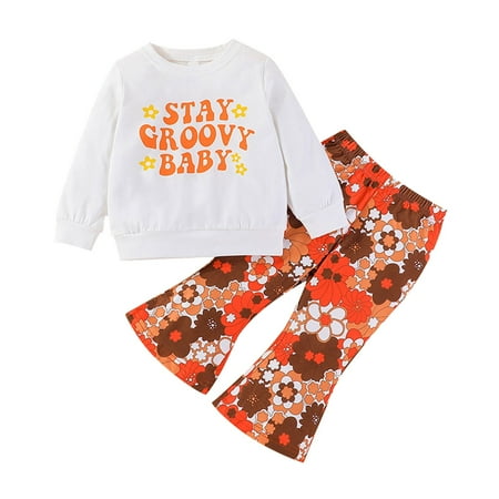 

Toddler Outfits Sets Summer Boys Girls Long Sleeve Letter Prints Pullover Tops Flowers Prints Trumpet Pants Kids Clothes Suit
