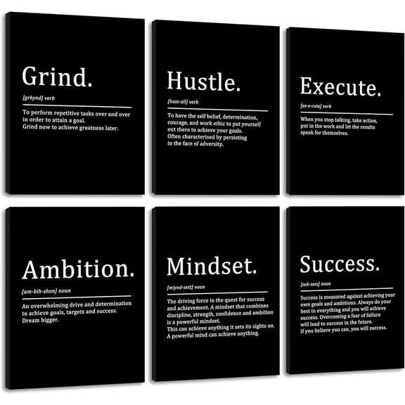 FCCUYE Set of 3 Motivational Wall Art Canvas Grind Hustle Execute Black and White Wall Decor Inspirational Words Quotes Posters for Home Office Workplace Proverbs Living Room Paintings(Framed,16x24)