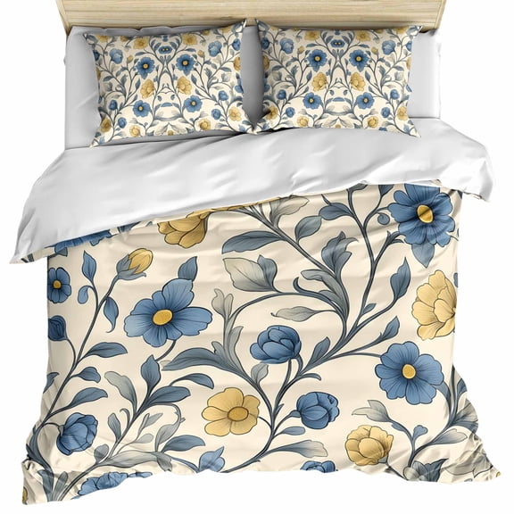 Vintage Blue Yellow Bedding 3 Piece Duvet Cover Set Full Size, Spring Enchanted Garden Florals Soft Microfiber Comforter Cover with Zipper Closure & Pillowcases, Wrinkle & FadeResistant Quilt Cover
