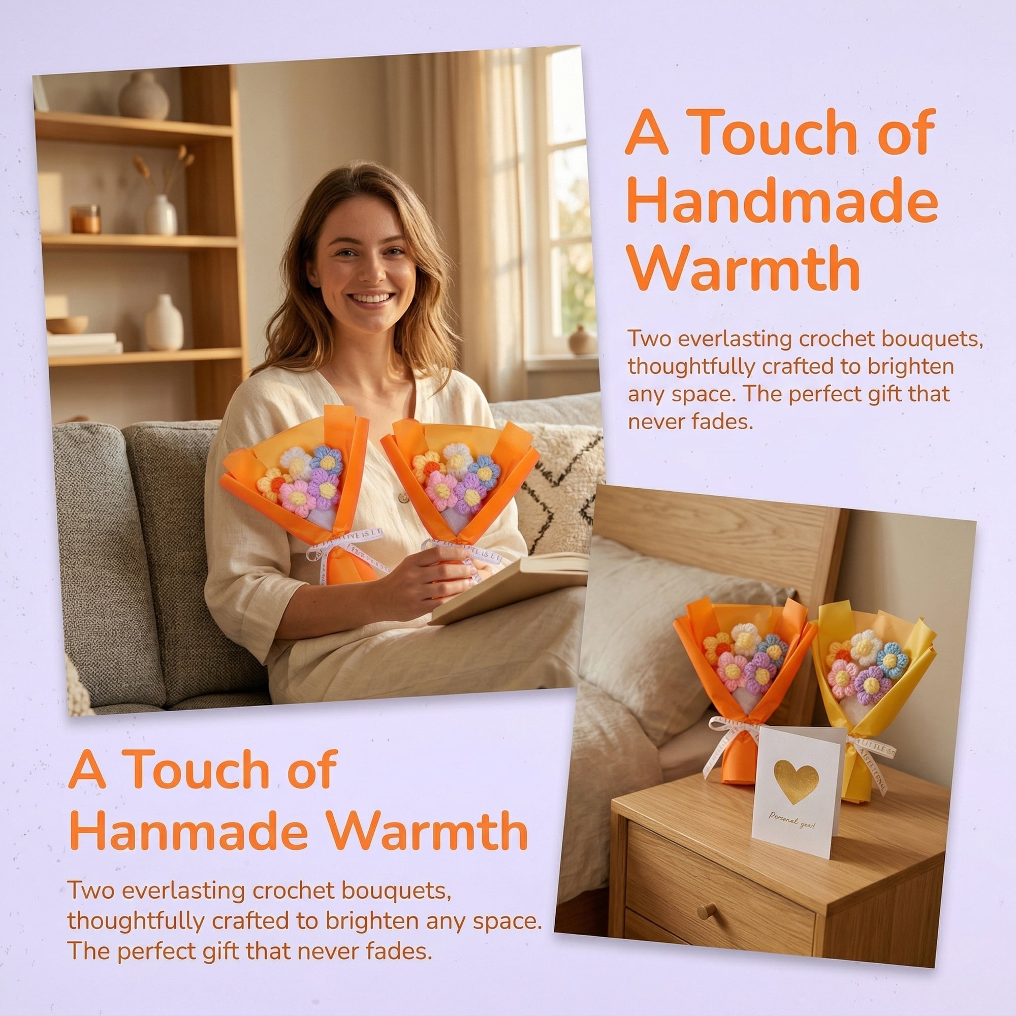Unique Bargains Handmade Crochet Eternal Knitted Flowers Bouquet with Wrap Orange 7.1 in