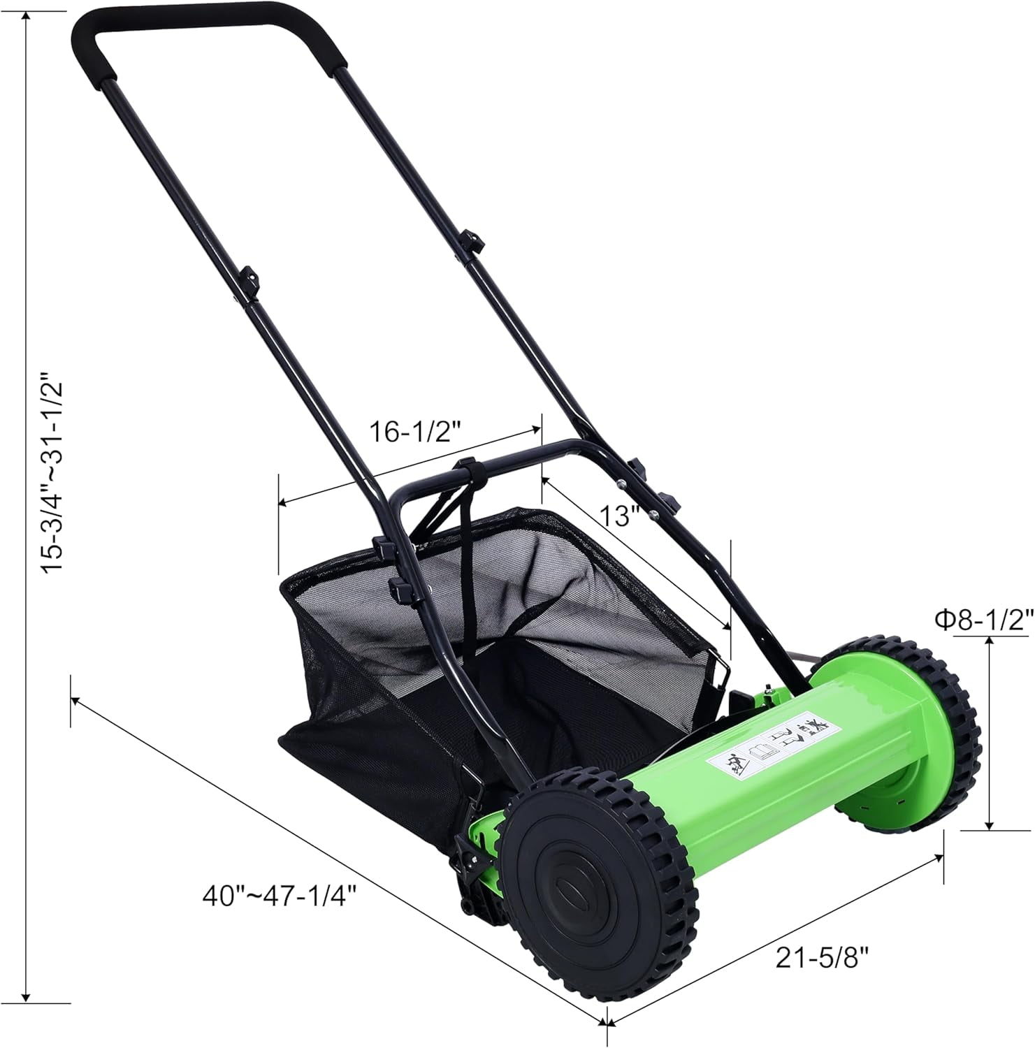 Acekid 16-Inch 5-Blade Push Reel Lawn Mower, 0.6"-1.8" Adjustable Cutting Height, Manual Grass Cutter with Catcher, Green