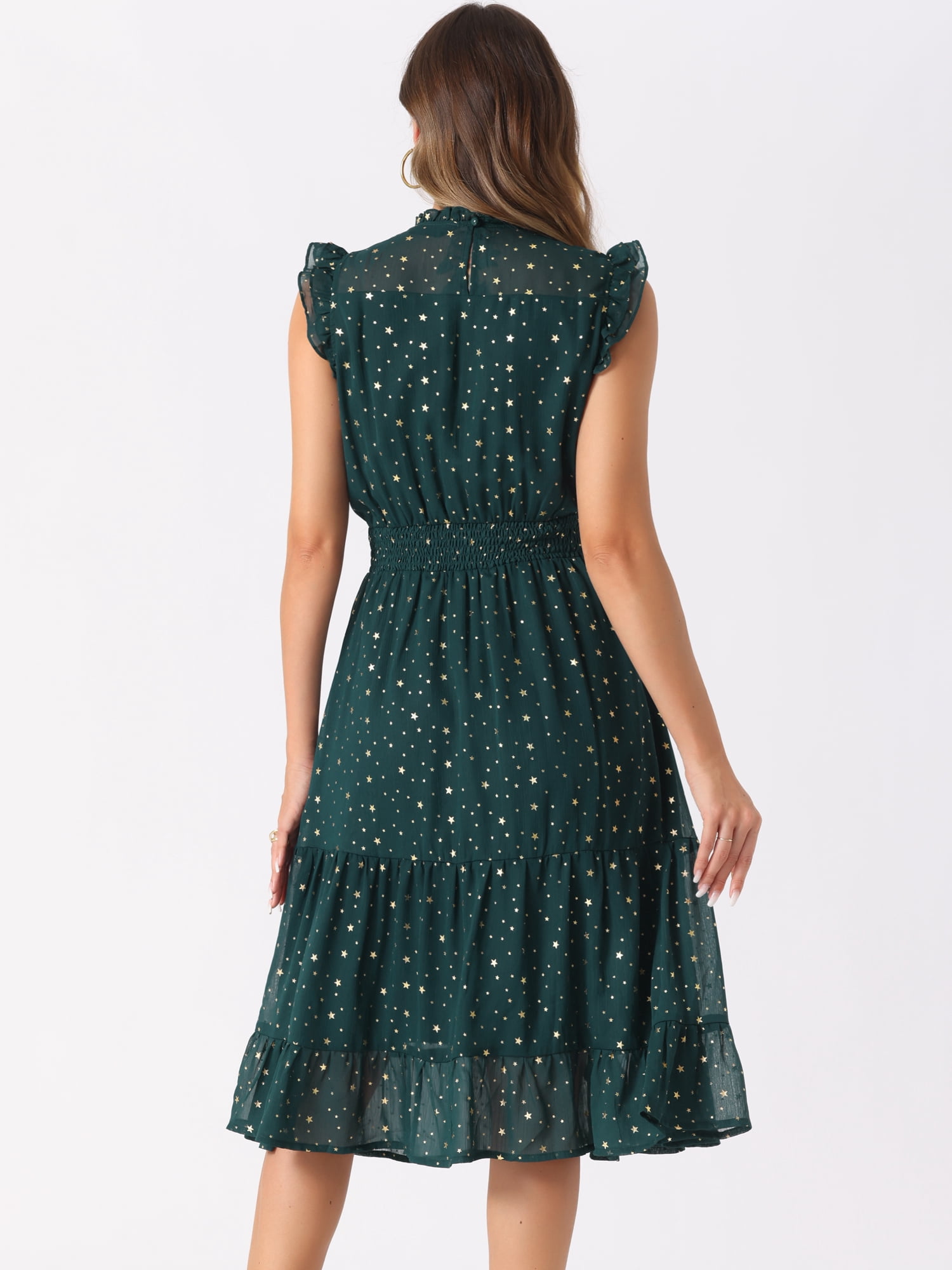 DARING DIVA Women's Gilding Metallic Stars Chiffon Dresses XS Dark Green