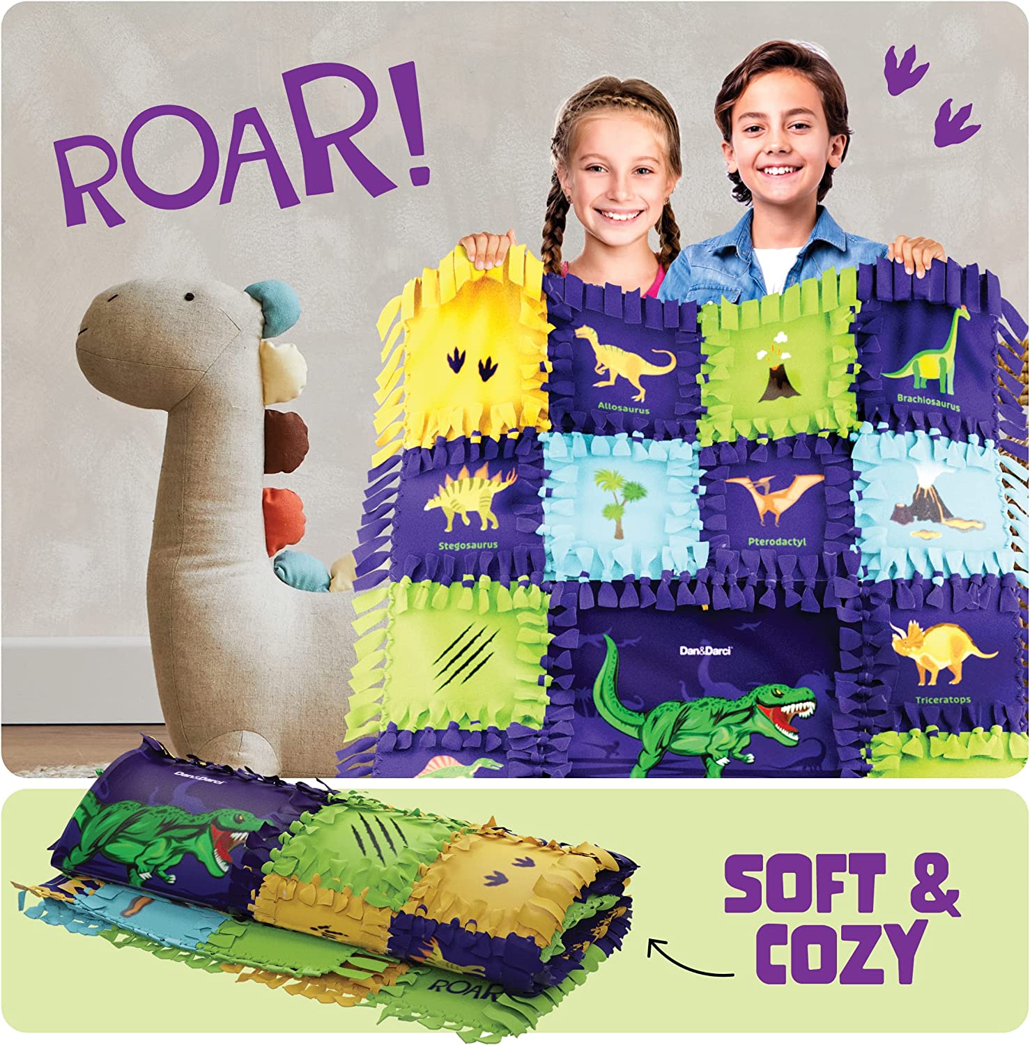 Dinosaur Tuck N' Tie Fleece Blanket Kit - DIY Crafts for Kids Ages 6+ Year Old - Best Arts & Craft Girl Gifts Ideas - No Sew Quilt Blanket Making Kits
