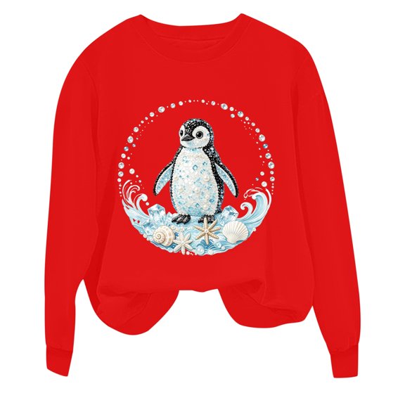ZHOGXU Boys Girls Penguin Seashell Ocean Graphic Pullover Sweatshirt Long Sleeve O Neck School Top For Kids Casual Loose Fit Everyday Wear,Red,3-4 years