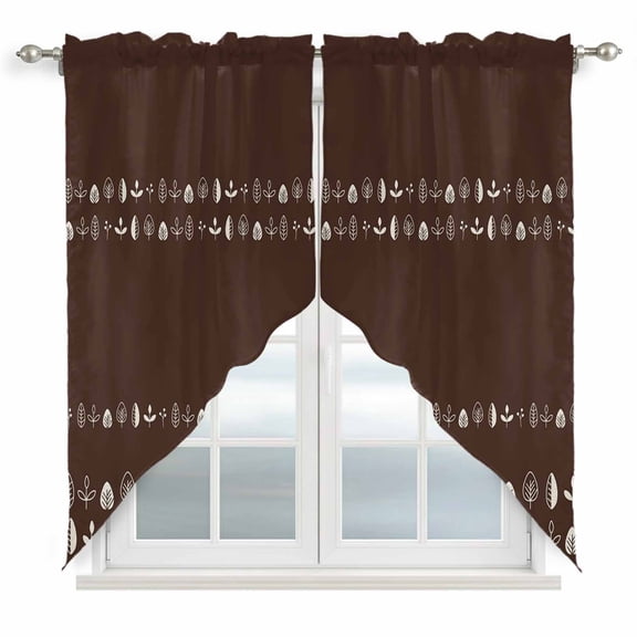 Rustic Botanical Swag Curtains for Kitchen/Bedroom/Living Room, Japanese Herb on Brown Simple Art Scalloped Curtains 63 Inch Long, Rod Pocket Window Swag Topper Curtains Valances 2 Panels Set 36"x63"