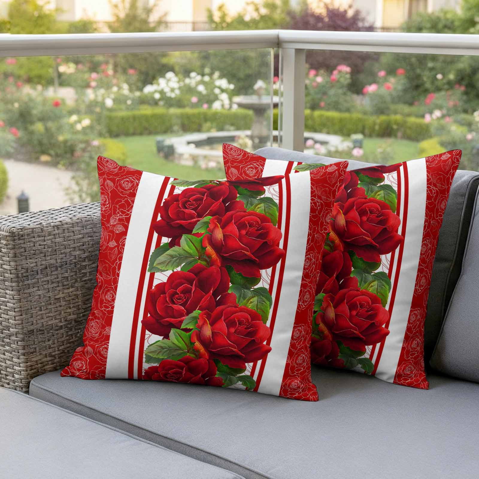 Valentine's Day Outdoor Waterproof Pillow Covers, Red Roses Floral Romantic Striped Decorative Square Throw Pillowcase Sofa Cushion Sham for Patio/Couch/Chair, 20"x20" 2 Pack
