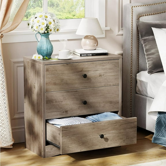 Nightstand, Bedside Tables, Farmhouse Wood Night Stand with 3 Storage Drawers, Small Wooden Dresser Chest of Drawers Bedside Cabinet for Bedroom Small Spaces, Gray