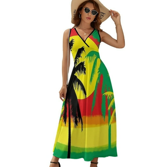 Palm Trees in Jamaica Colors Sleeveless Dress Dresses Women Summer Evening Dresses Ladies Bohemia Long Dresses