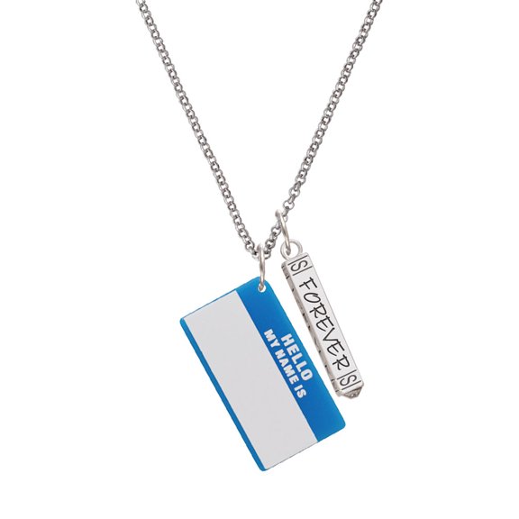 Delight Jewelry Acrylic Blue "Hello" Name Tag Silvertone Forever Bar Charm Necklace, 23"