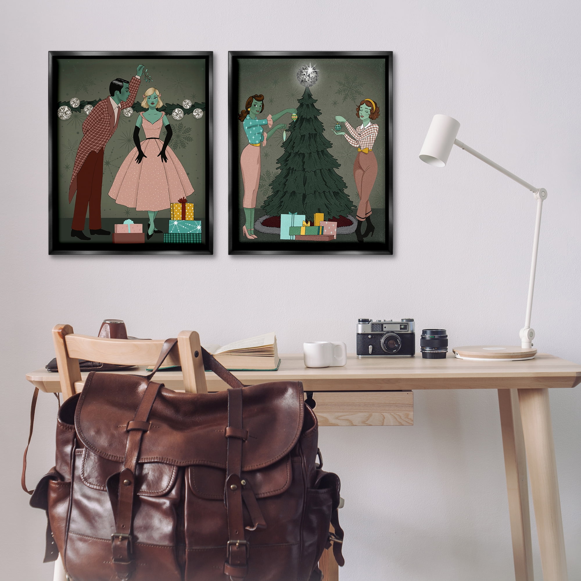 Stupell Industries Modern Festive Holiday Decorating Holiday Painting Black Floater Framed Canvas Art Print Wall Art, 31 x 25, Set of 2
