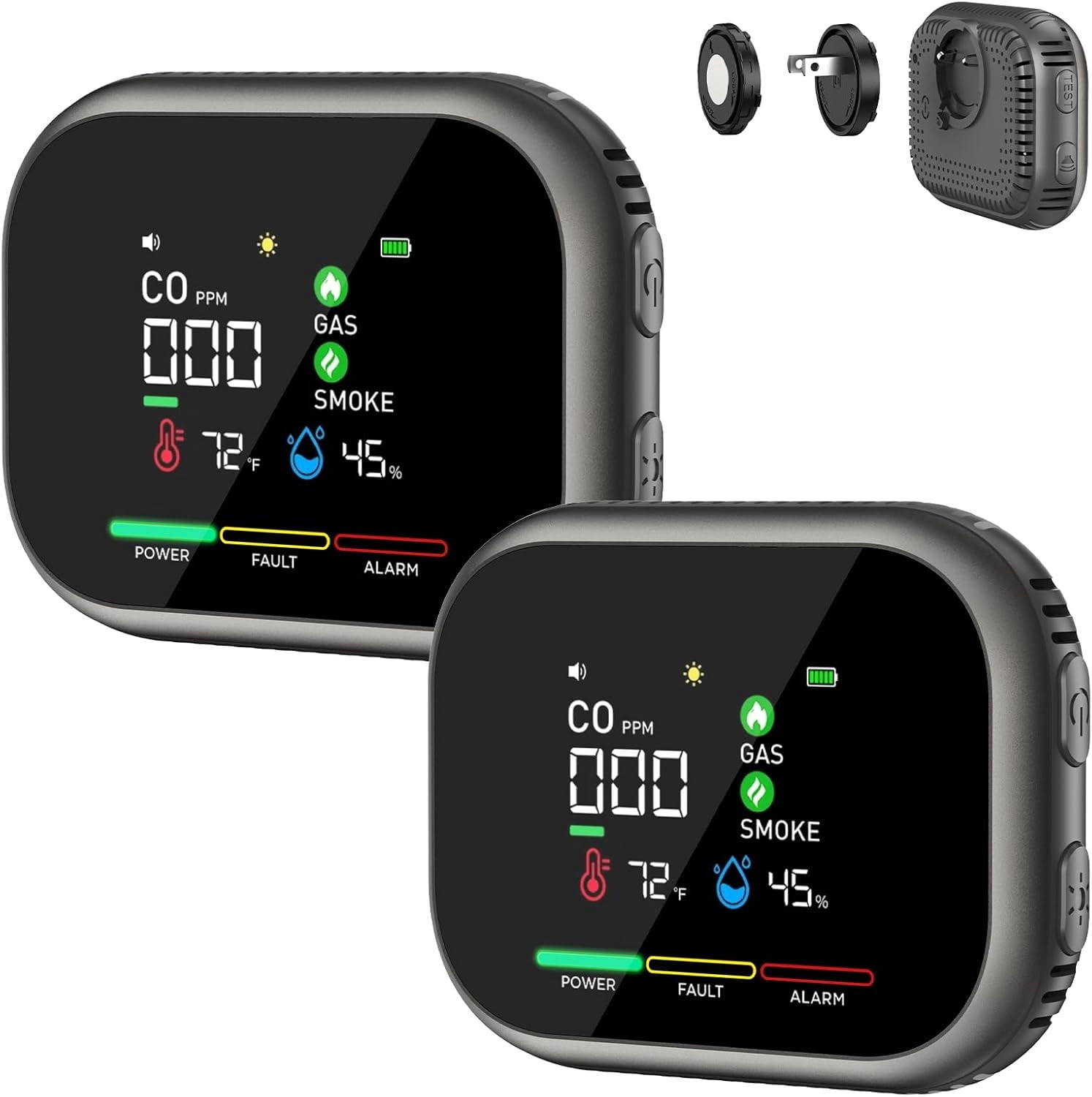 6-in-1 CO, Smoke, Gas Detector - Portable Plug-in Safety Device with Built-in Battery, High-Precision Sensors, 85dB Alarm, and Rotatable Color Screen for Home, RV, Hotel, and Travel Use Black
