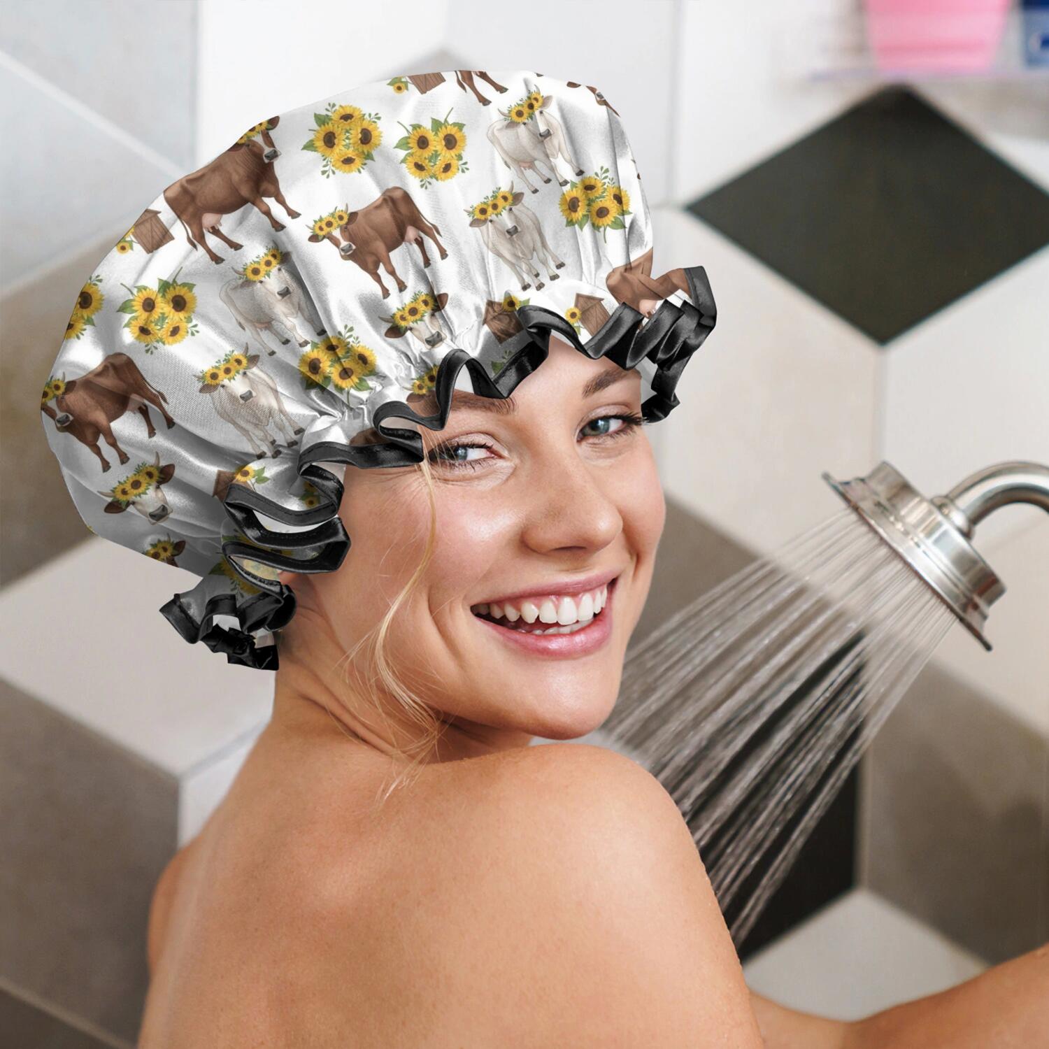 Shower Caps,White Cow Sunflower Pattern Waterproof Shower Cap for Women 4 Pieces,Double Reusable Hair Cover for Shower PEVA Elastic Stretch Hem