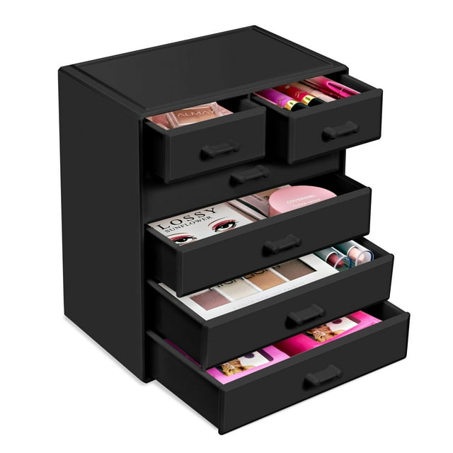 Sorbus Organizador de Maquillaje Acrílico para Cosméticos, Maquillaje y Joyas; Organizador Grande para Tocador, Baño, Dormitorio, Armario, Escritorio (4 Cajones Grandes y 2 Pequeños).