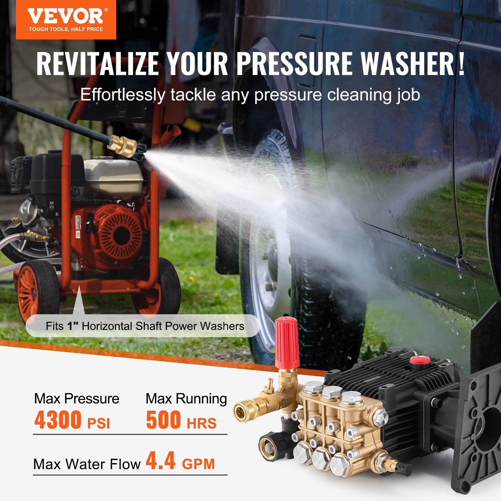 VEVOR Pressure Washer Pump, 1" Shaft Horizontal Triplex Plunger, 4300 PSI, 4.4GPM, Replacement Power Washer Pumps Kit with 5 Nozzles, Compatible with Simpson MorFlex 40224, 40225, 40226, Santoprene