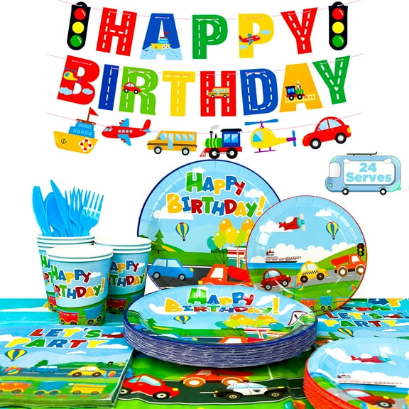Transportation Birthday Party Supplies,190pcs Transportation Party Tableware Set-Transportation Birthday Decor Banner Tablecloth Plates Napkin Bus Car Train Themed Birthday Party Supplies for Kids