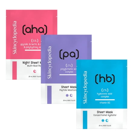 Skincyclopedia Sheet Mask Hyaluronic Glycolic & Polyglutamic Face Mask Set Deep Hydration & Skin Booster Formula Brightener & Even Skin Tone Fine Lines reducer Improves Skin Texture. 3 Pack