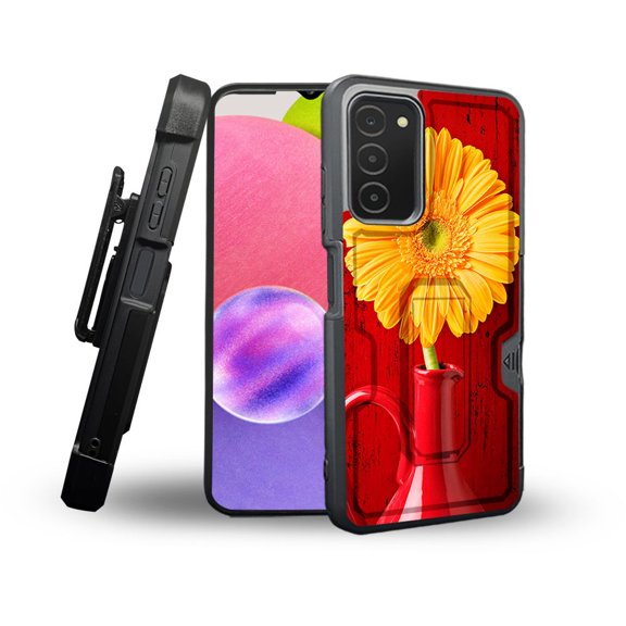 ANJ  Rugged Shockproof Holster Case Card Slot Kickstand   Tempered Glass Cover for Samsung Galaxy A03s - Sunflower in Vase
